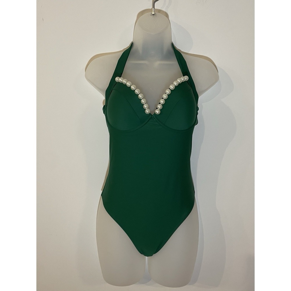 Womens Emerald Green V Neck Pearls One Piece Suit Neck tie Swimsuit size small S